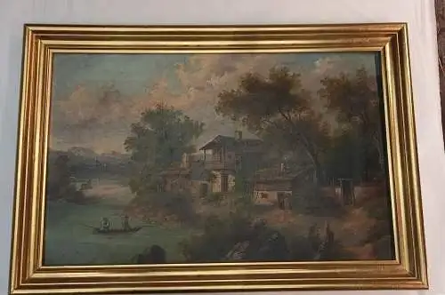Landschaftsszene mit Fischern und Bauernhaus.