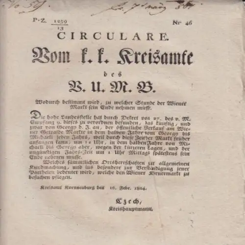 Circulare. Vom k. k. Kreisamte des B.U.M.B.... 1804
