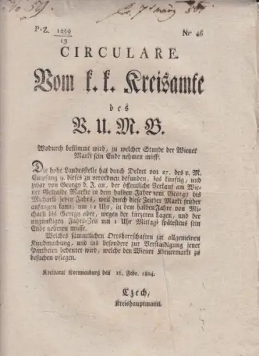 Circulare. Vom k. k. Kreisamte des B.U.M.B.... 1804