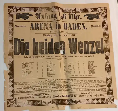 Arena in Baden. Sommersaison 1887. Direction: L[eopold] Straßmeyer. Konvolut von