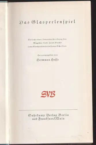 Das Glasperlenspiel. Versuch einer Lebensbeschreibung des Magister Ludi Josef Kn