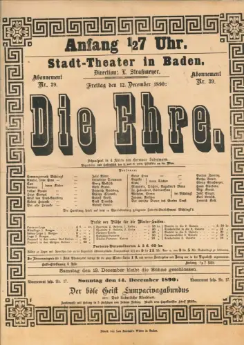Stadt-Theater in Baden. Freitag den 12. December 1890: Die Ehre. Schauspiel in 4