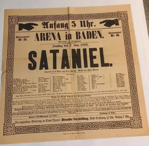 Arena in Baden. Sommersaison 1888. Direction: L[eopold] Straßmeyer. Konvolut von