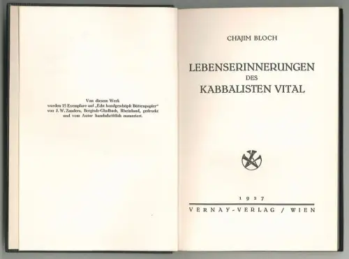 Lebenserinnerungen des Kabbalisten Vital. BLOCH, Chajim.
