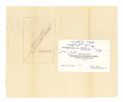 Visitenkarte mit eigenhändiger Notiz. SZABO, Wilhelm, Lyriker (1901-1986).
