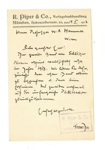 Postkarte mit Verlagsbriefkopf und Rezensionsanweisungen an Wilhelm Arthur Hamme