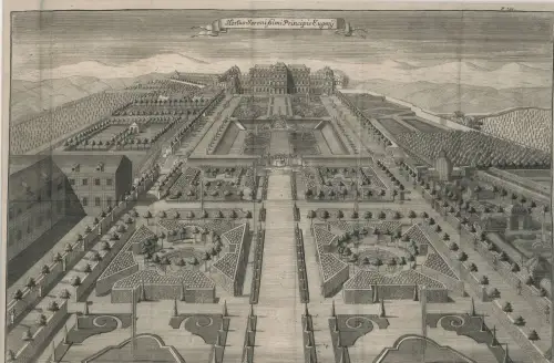 Hortus Serenissimi Principis Eugenii. [Schloss Belvedere mit den Gartenanlagen].