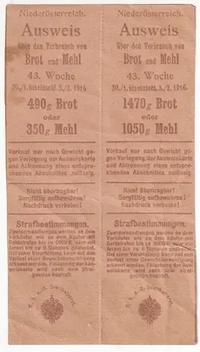 Niederösterreich. Ausweis über den Verbrauch  von Brot und Mehl. 43 Woche 30.1. 