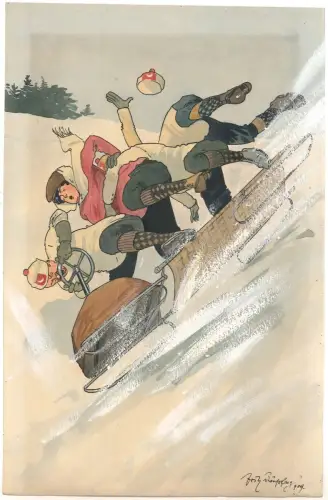 Rodelfahrt im Schnee. SCHÖNPFLUG, Fritz.