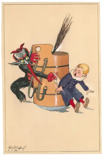 Krampus und Kind. SCHÖNPFLUG, Fritz.