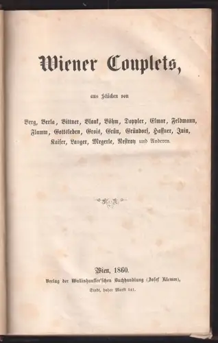 Wiener Couplets, aus Stücken von Berg, Bittner, Blank, Böhm, Doppler, Elmar, Fel