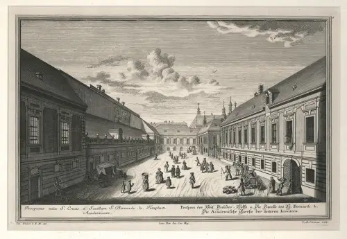 Prospect des Heil. Kreuzer Hoffs. a. Die Capelle des S. Bernardi. b. Die Academi
