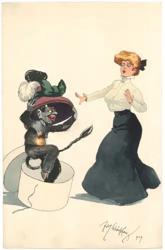 Teufelchen erschreckt Frau.. SCHÖNPFLUG, Fritz.