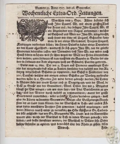 Wochentliche Extra-Ord. Zeitungen. Numero 39. Anno 1707. den 28. September.