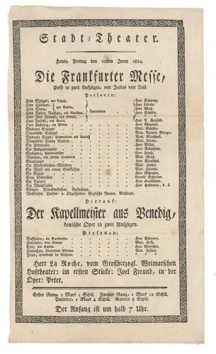 Stadt-Theater. Heute, Freitag den 25sten Juny 1824. Die Frankfurter Messe, Posse