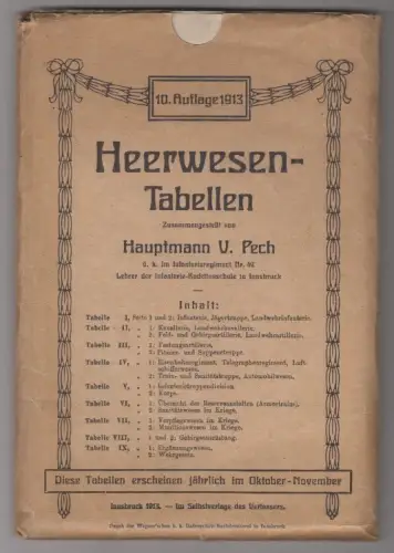 Heerwesen-Tabellen. Zusammengestellt von Hauptmann V. Pech ü. k. im Infanteriere