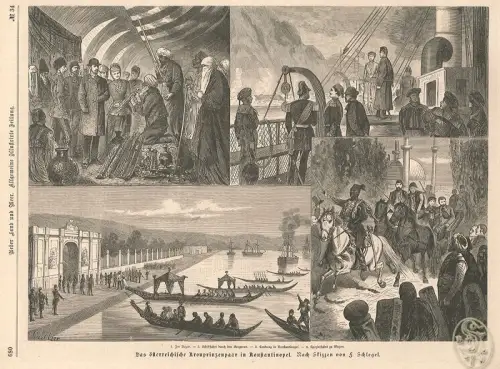 Das österreichische Kronprinzenpaar in Konstantinopel. 1. Im Bazar. 2. Schifffah