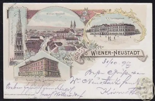 Gruss aus Wiener-Neustadt. Spinnerin am Kreuz. Wiener Neustadt. K. K. Gerichtsge