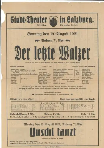 Stadt-Theater in Salzburg. Direktion: Alexander STRIAL. Sonntag den 14. August 1