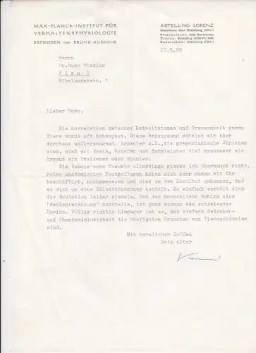 Maschinschriftl. Brief mit eigenhänd. Signatur. LORENZ, Konrad (1903-1989) öster