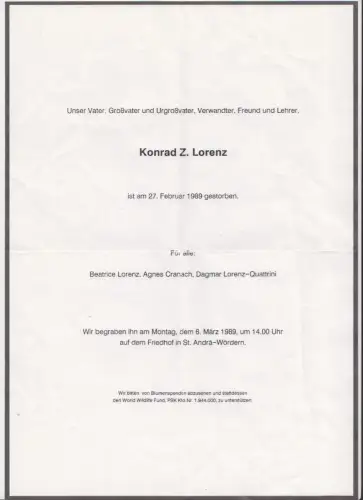 Maschinschriftl. Kondolenzschreiben an Andrea. Mit eigenhänd. Signatur. LORENZ,