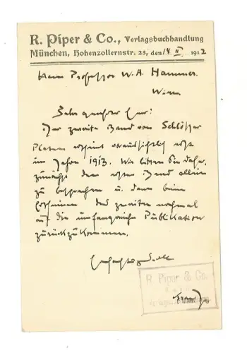 Postkarte mit Verlagsbriefkopf und Rezensionsanweisungen an Wilhelm Arthur Hamme