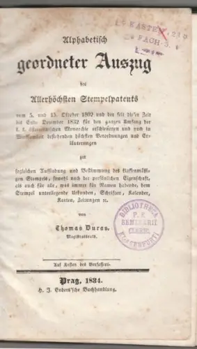 DURAS, Alphabetisch geordneter Auszug des... 1834