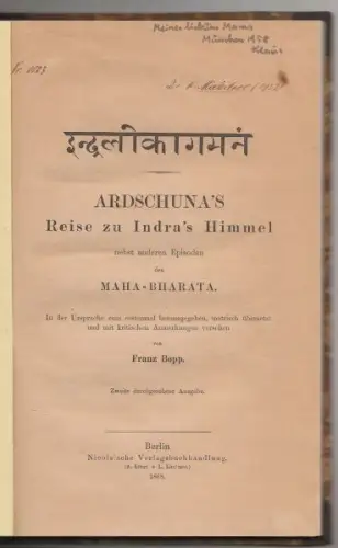 BOPP, [Indralokagamanam]. Ardschuna's Reise zu... 1868