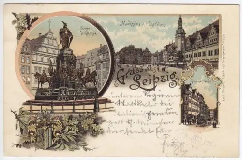 Gruss aus Leipzig. Marktplatz mit Rathaus.... 1890