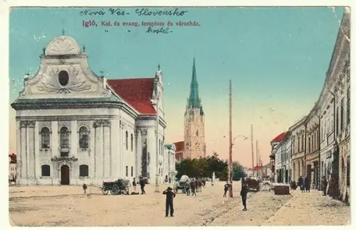 Igló, Kat. és evang. templom és városház.