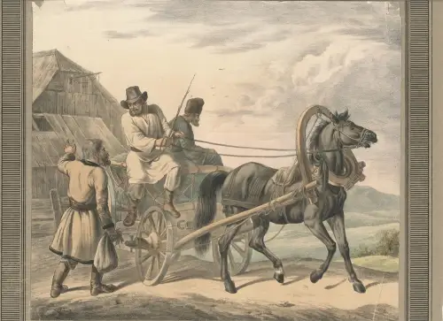 Altkolorierte Lithographie auf bedruckten Karton montiert.