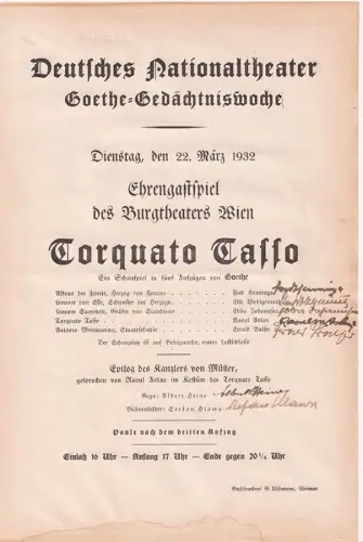 Deutsches Nationaltheater - Goethe-Gedächtniswoche. Dienstag, den 22. März 1932.