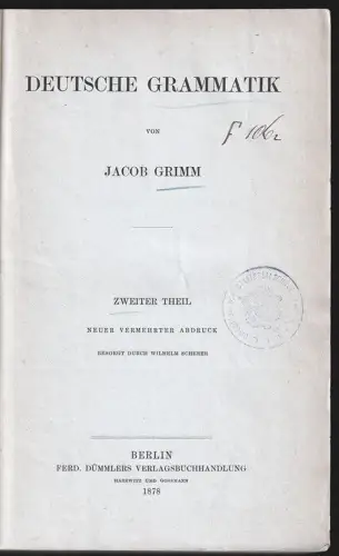 Deutsche Grammatik. GRIMM, Jacob.