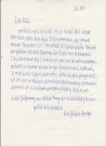 Eigenhändiger Brief (adressiert an Kiki Kogelnik, österr. Künstlerin 1935-1997).
