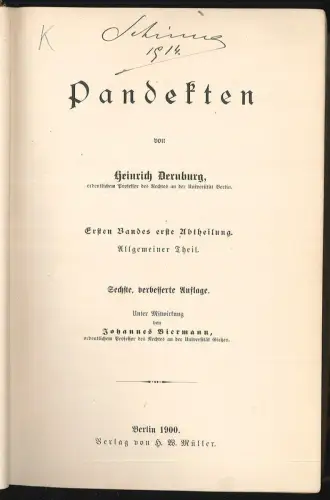 Pandekten. Unter Mitwirkung von Johannes Biermann. DERNBURG, Heinrich.