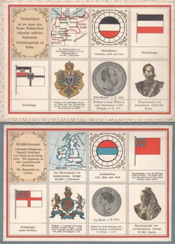 Konvolut von 12 farblith. Tafeln die Kurzinformationen über die jeweiligen Staat