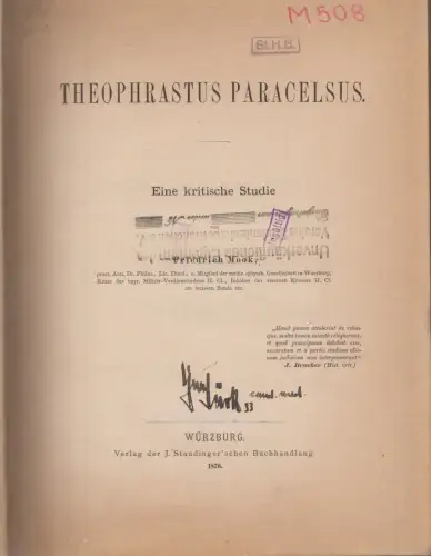 Theophrastus Paracelsus. Ein kritische Studie. MOOK, Friedrich.