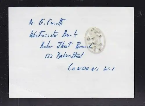 Blatt m. eh. Namenszug und Adresse. 5 Zeilen. CANETTI, Elias, Schriftsteller u. 