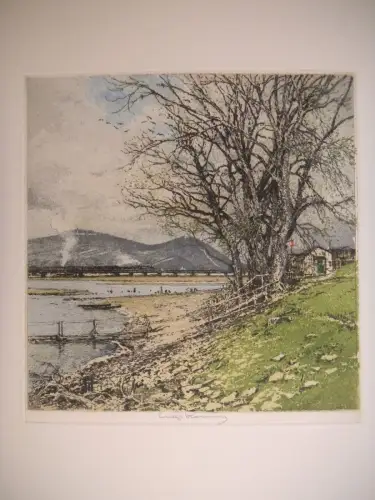 [Anlegestelle mit Eisenbahnbrücke in Krems]. KASIMIR, Luigi. Graphiker (1881-196