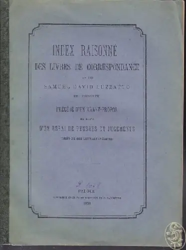 LUZZATTO, Index raisonné de livres de... 1878