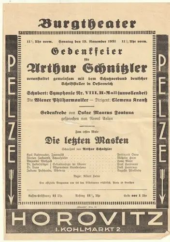 Gedenkfeier für Arthur Schnitzler veranstaltet gemeinsam mit dem Schutzverband d