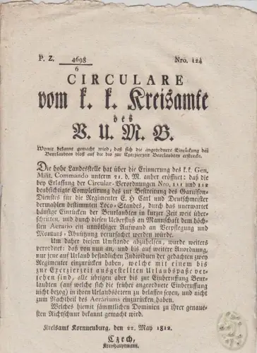 Circulare vom k. k. Kreisamte des B. U. M. B. Nro. 124. Womit bekannt gemacht wi