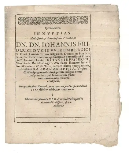 Epithalamion: In Nuptias illustrissimi et praecelsissimi Principis ad Dn. Iohann