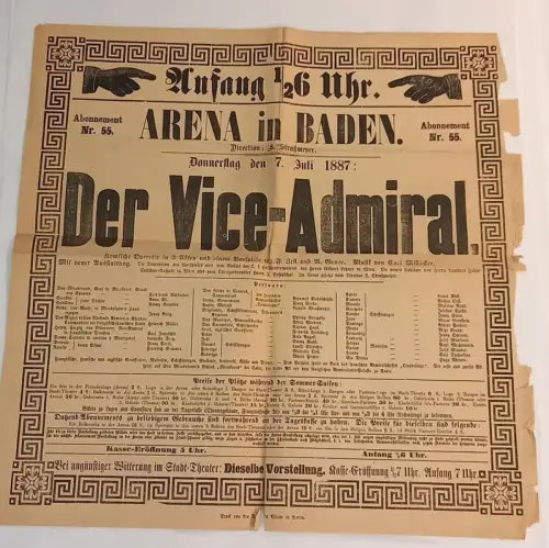 Arena in Baden. Sommersaison 1887. Direction: L[eopold] Straßmeyer. Konvolut von