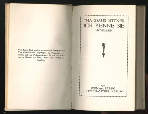 Ich kenne sie. Novellen. RITTNER, Thaddäus.