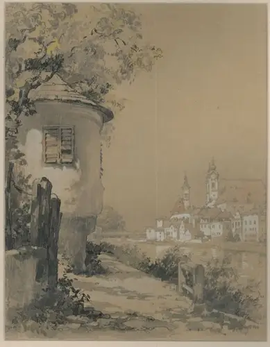 Stadt Steyr. Blick vom Ennsufer auf die Altstadt. SCHWETZ, Karl.