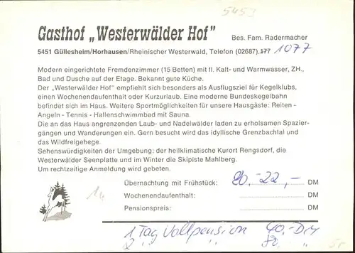Guellesheim Westerwald Horhausen Gasthof Westerwaelder Hof Kegelbahn *