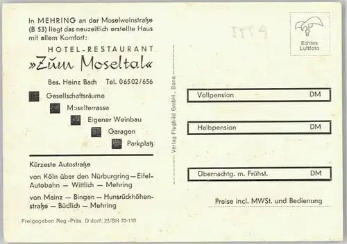 Mehring Mosel Mehring Mosel Fliegeraufnahme Hotel Restaurant Zum Moseltal * / Mehring /Trier-Saarburg LKR