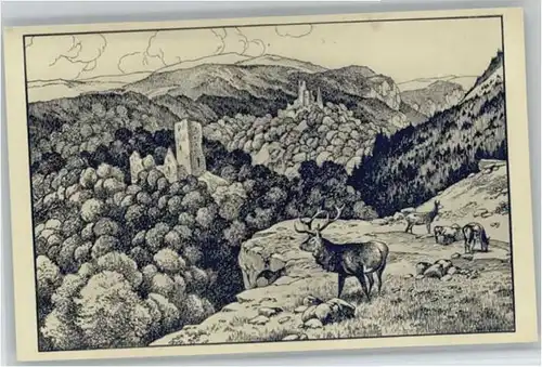 Stecklenberg Radierungsmanier F. Gottschalg Burgruine Stecklenburg *