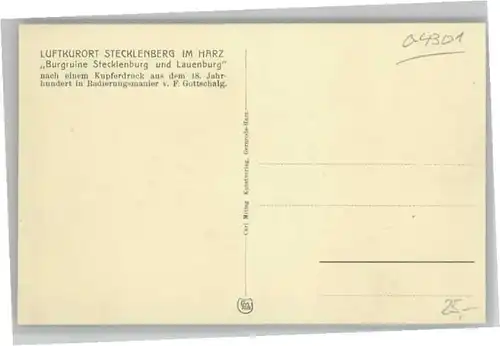 Stecklenberg Radierungsmanier F. Gottschalg Burgruine Stecklenburg *